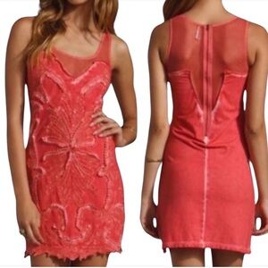 Free People Coral Pink Embellished Sleeveless Mini Dress in Pink Lemonade XS